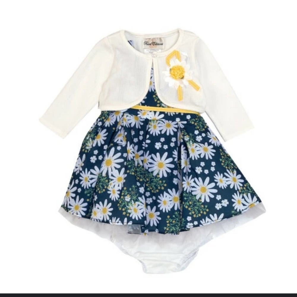 NWT Baby Girl Infant 3 Piece Set Sunflower Dress & Sweater Macy’s Rare Editions